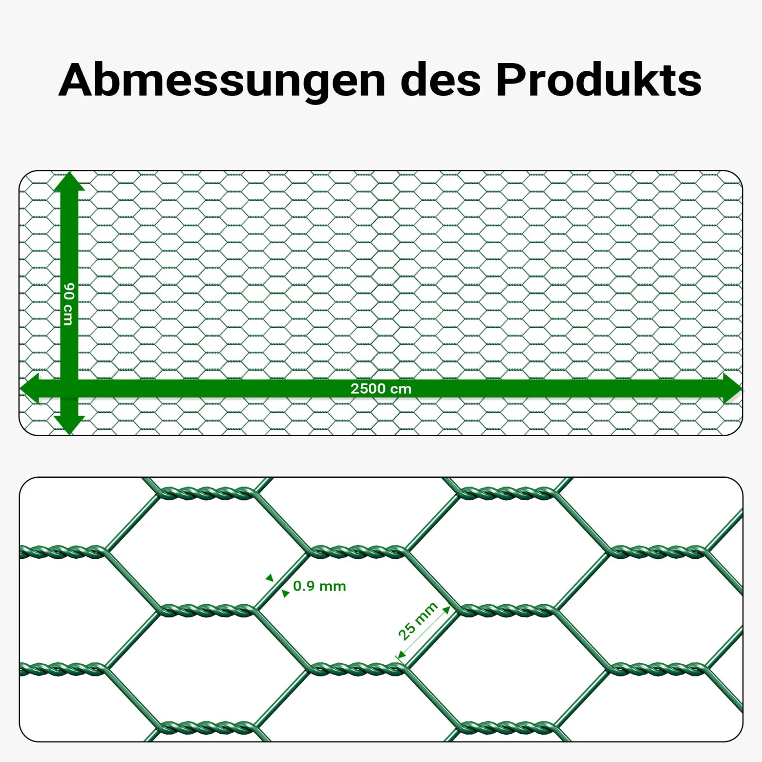 Wiltec Maschendrahtzaun Grün 90 cm x 25 m, 0,9 mm Stärke 25x25 mm Maschengröße, Volierendraht 6-Eck aus Stahl verzinkt, Drahtgitter, Vogeldraht