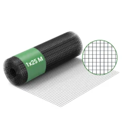 Wiltec Maschendrahtzaun Schwarz 100 cm x 25 m, 0,9 mm Stärke 12x12 mm Maschengröße, Volierendraht 4-Eck aus Stahl verzinkt, Drahtgitter, Vogeldraht