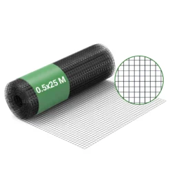 Wiltec Maschendrahtzaun Schwarz 50 cm x 25 m, 0,9 mm Stärke 19x19 mm Maschengröße, Volierendraht 4-Eck aus Stahl verzinkt, Drahtgitter, Vogeldraht