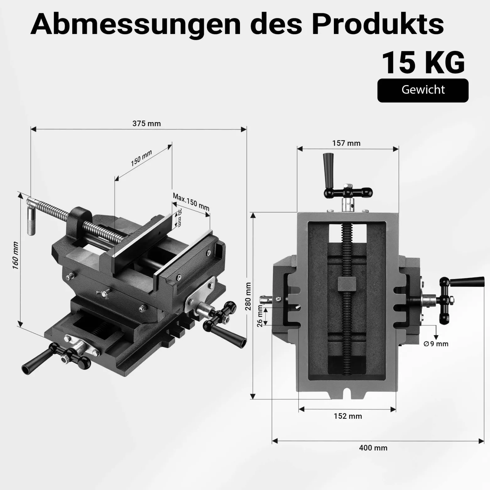 Wiltec Maschinenschraubstock 2 Achsen 150 mm, Schraubstock 40x37,5x16 cm aus Gusseisen, Arbeitsitsch für Kreuztisch, Frästisch, Werkbank