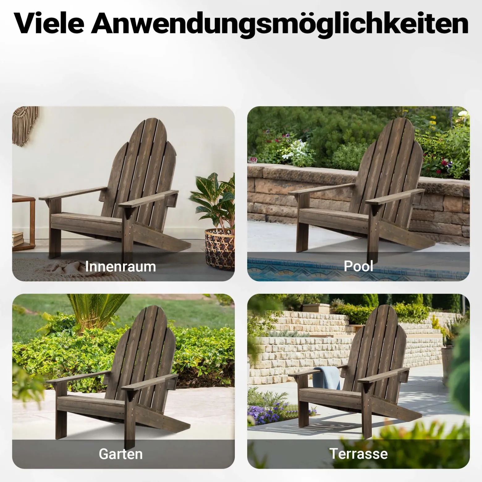Wiltec Massivholz Adirondack Gartenstuhl 89 x 72 x 92,5 cm, Gartenstuhl aus Holz bis 160 kg, ergonomischer Gartensessel aus Kiefer, Gartenmöbel zeitlos massiv