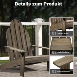 Wiltec Massivholz Adirondack Gartenstuhl 89 x 72 x 92,5 cm, Gartenstuhl aus Holz bis 160 kg, ergonomischer Gartensessel aus Kiefer, Gartenmöbel zeitlos massiv