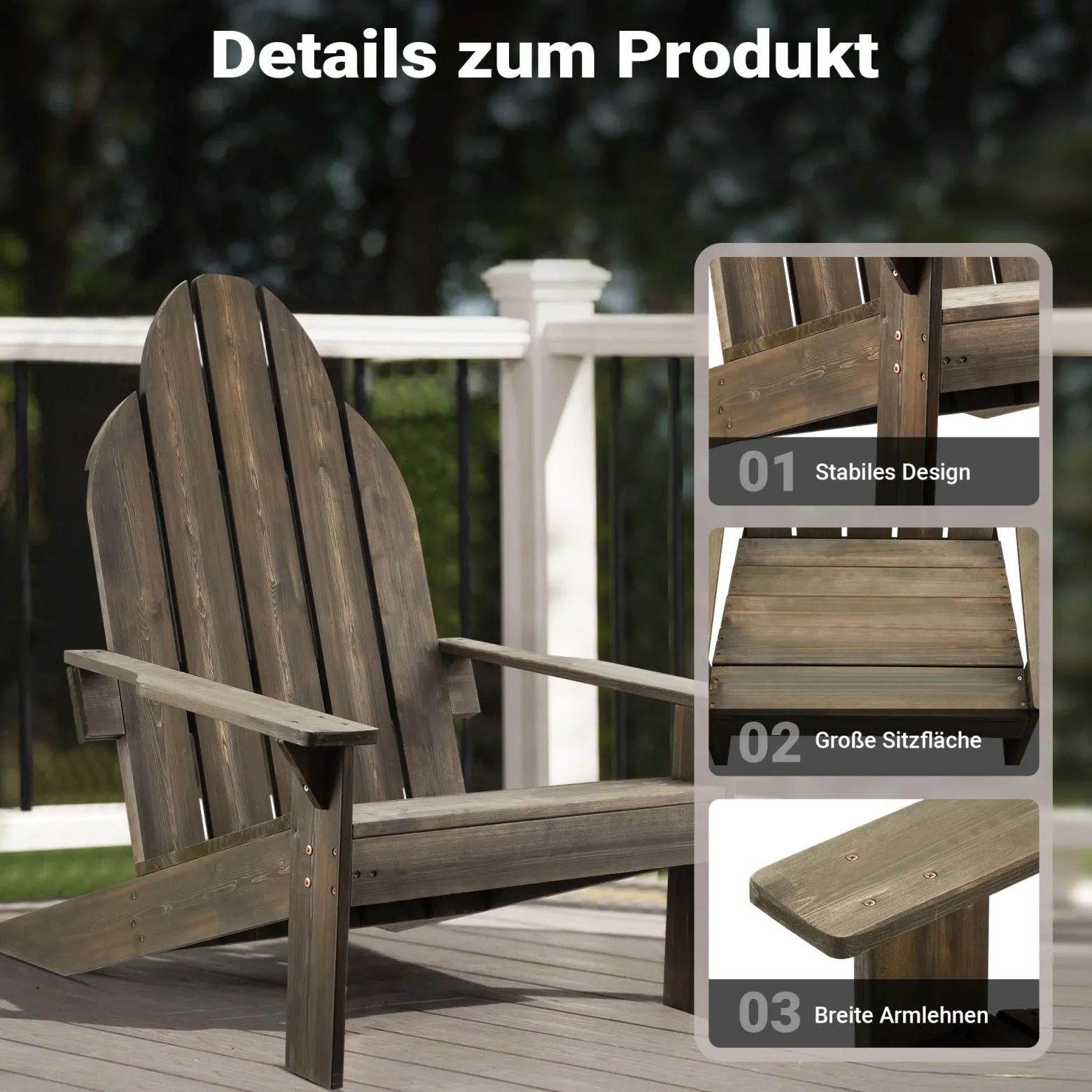 Wiltec Massivholz Adirondack Gartenstuhl 89 x 72 x 92,5 cm, Gartenstuhl aus Holz bis 160 kg, ergonomischer Gartensessel aus Kiefer, Gartenmöbel zeitlos massiv