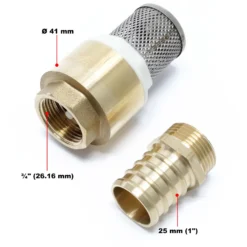 Wiltec Messing Fußventil 41 x 41 x 100 mm mit Rückschlagventil und Edelstahlkorb, Saugkorb für Saugschlauch DN20, 26,16mm (3/4