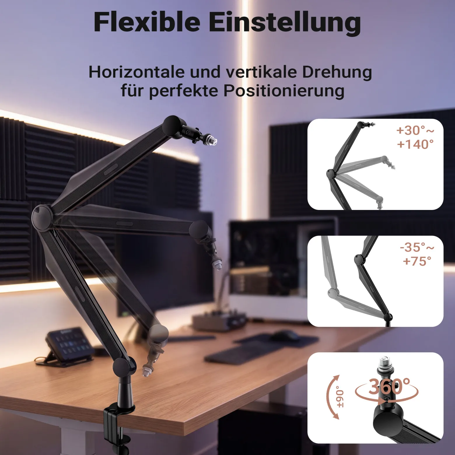 Wiltec Mikrofonarm 80cm Gelenkarm Tischhalterung für 3/8" und 5/8" Mikrofone für Studio und Zuhause