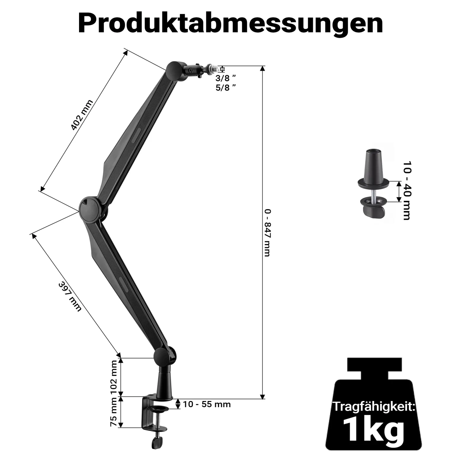 Wiltec Mikrofonarm 80cm Gelenkarm Tischhalterung für 3/8" und 5/8" Mikrofone für Studio und Zuhause