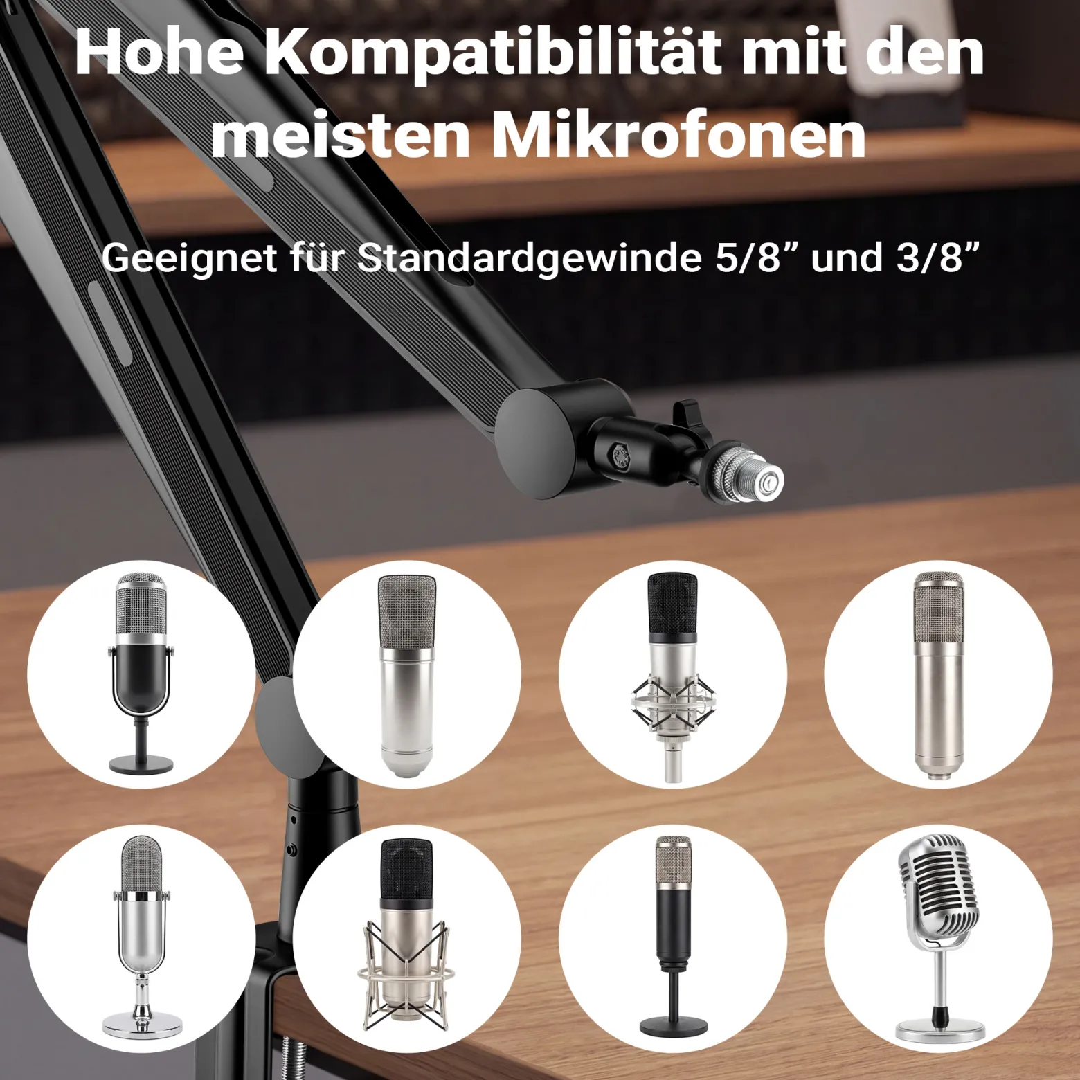 Wiltec Mikrofonarm 80cm Gelenkarm Tischhalterung für 3/8" und 5/8" Mikrofone für Studio und Zuhause