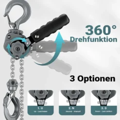 Wiltec Mini Hebelzug bis 250 kg, robuster Handkettenzug 1,5 m Hubhöhe, Kettenzug aus Aluminium, manueller Hebelzug, hochbelastbares Hebemittel