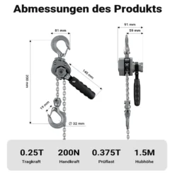 Wiltec Mini Hebelzug bis 250 kg, robuster Handkettenzug 1,5 m Hubhöhe, Kettenzug aus Aluminium, manueller Hebelzug, hochbelastbares Hebemittel
