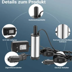 Wiltec Mini Pumpe 12-15 l/min 8500 U/min 12 V, 16 mm Auslass, Tauchpumpe für Wasser und Dieselöl, zum Ablassen von Flüssigkeit, Entwässerung, Umpumpen