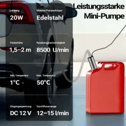 Wiltec Mini Pumpe 12-15 l/min 8500 U/min 12 V, 16 mm Auslass, Tauchpumpe für Wasser und Dieselöl, zum Ablassen von Flüssigkeit, Entwässerung, Umpumpen