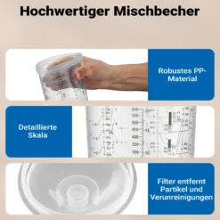 Wiltec Mischbechersystem 600 ml 50x Filter 125 μm, Lackmischbecher Set mit Deckeln, Innenbechern und Messbecher, Farbmischbecher für Autolackierung