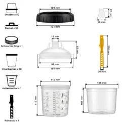 Wiltec Mischbechersystem 600 ml 50x Filter 125 μm, Lackmischbecher Set mit Deckeln, Innenbechern und Messbecher, Farbmischbecher für Autolackierung