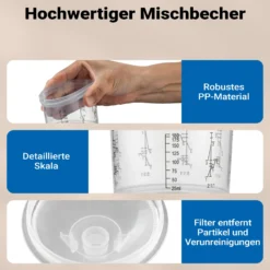Wiltec Mischbechersystem 200 ml 50x Filter 125 μm, Lackmischbecher Set mit Deckeln, Innenbechern und Messbecher, Farbmischbecher für Autolackierung