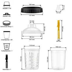 Wiltec Mischbechersystem 800 ml 50x Filter 125 μm, Lackmischbecher Set mit Deckeln, Innenbechern und Messbecher, Farbmischbecher für Autolackierung