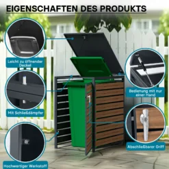 Wiltec Mülltonnenbox für eine Tonne in Holzoptik, abschließbare Mülltonnenverkleidung mit Klappdeckel, Mülltonnenzaun, Sichtschutzzaun