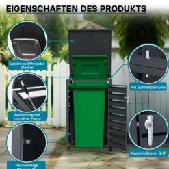 Wiltec Mülltonnenbox für eine Tonne in Anthrazit, abschließbare Mülltonnenverkleidung mit Klappdeckel, Mülltonnenzaun, Sichtschutzzaun