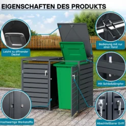 Wiltec Mülltonnenbox für zwei Tonnen in Anthrazit, abschließbare Mülltonnenverkleidung mit Klappdeckel, Mülltonnenzaun, Sichtschutzzaun