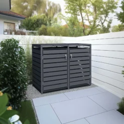 Wiltec Mülltonnenbox für zwei Tonnen in Anthrazit, abschließbare Mülltonnenverkleidung mit Klappdeckel, Mülltonnenzaun, Sichtschutzzaun
