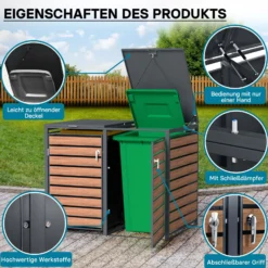 Wiltec Mülltonnenbox für zwei Tonnen in Holzoptik, abschließbare Mülltonnenverkleidung mit Klappdeckel, Mülltonnenzaun, Sichtschutzzaun