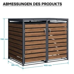 Wiltec Mülltonnenbox für zwei Tonnen in Holzoptik, abschließbare Mülltonnenverkleidung mit Klappdeckel, Mülltonnenzaun, Sichtschutzzaun