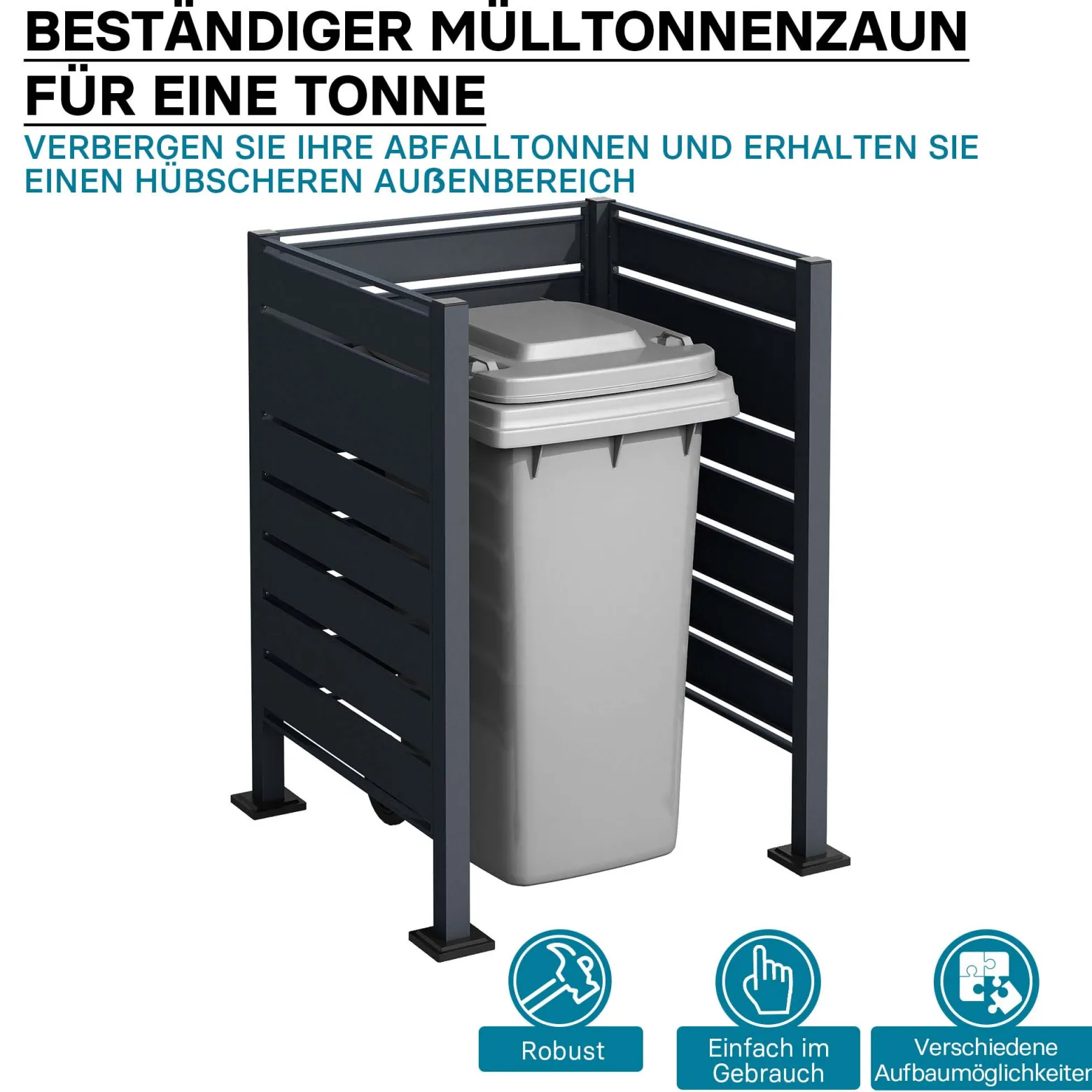 Wiltec Mülltonnenzaun aus Stahl in Anthrazit, Mülltonnenverkleidung für eine Tonne 60-240l, Mülltonnenbox, Sichtschutzzaun