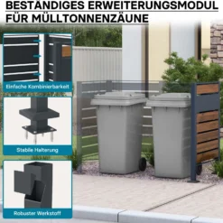 Wiltec Mülltonnenzaun-Erweiterungsmodul aus Stahl in Holzoptik und Anthrazit, Sichtschutzzaun für Mülltonnenbox, Mülltonnenverkleidung-Erweiterung