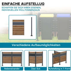 Wiltec Mülltonnenzaun-Erweiterungsmodul aus Stahl in Holzoptik und Anthrazit, Sichtschutzzaun für Mülltonnenbox, Mülltonnenverkleidung-Erweiterung