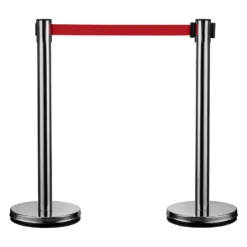 Wiltec mobile Absperrpfosten 32 x 7 x 90 cm in Silberfarben, rotes 200 cm Zugband, Absperrständer aus rostfreiem Stahl, Personenleitsystem für Veranstaltungen