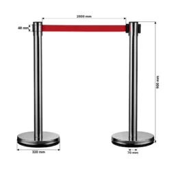 Wiltec mobile Absperrpfosten 32 x 7 x 90 cm in Silberfarben, rotes 200 cm Zugband, Absperrständer aus rostfreiem Stahl, Personenleitsystem für Veranstaltungen
