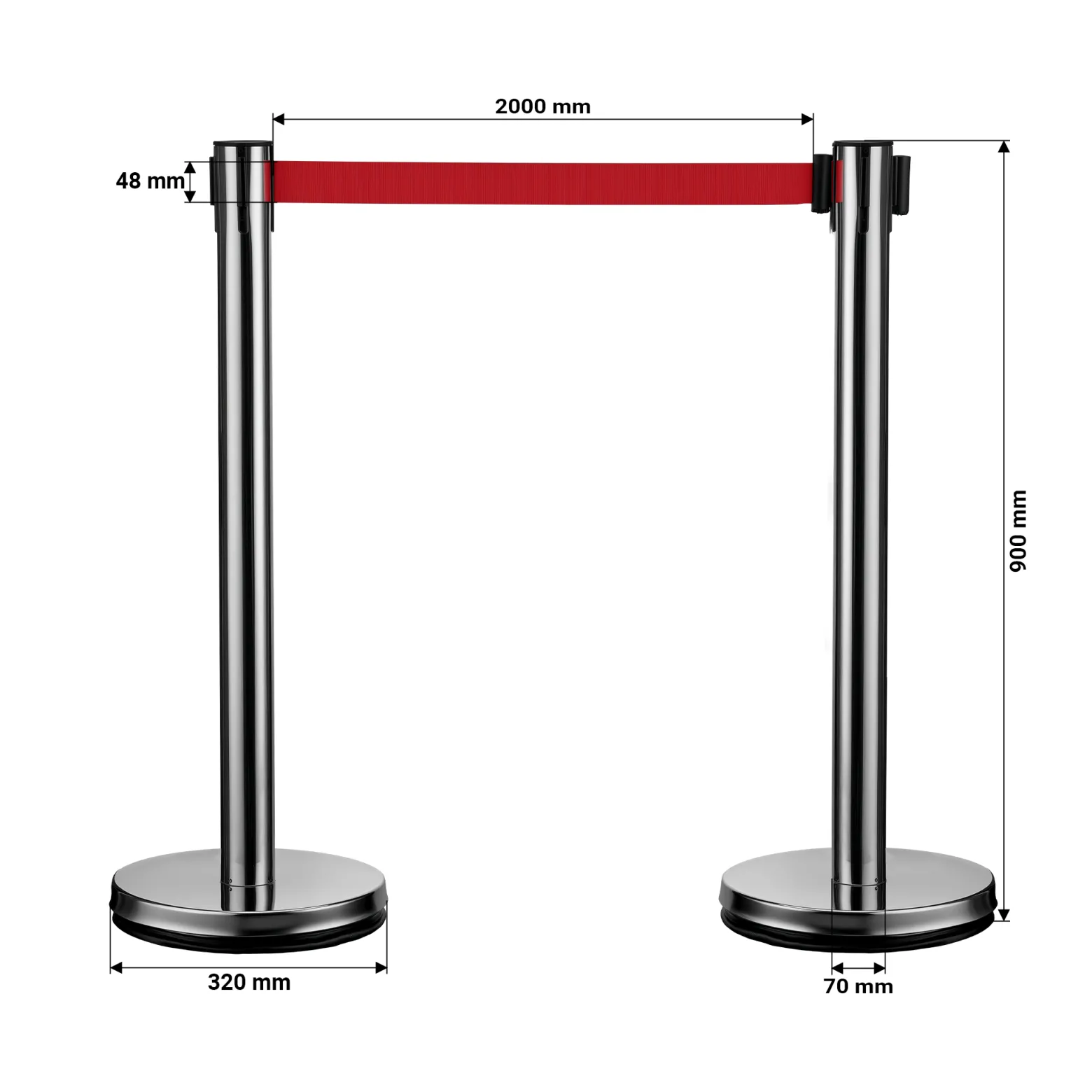 Wiltec mobile Absperrpfosten 32 x 7 x 90 cm in Silberfarben, rotes 200 cm Zugband, Absperrständer aus rostfreiem Stahl, Personenleitsystem für Veranstaltungen