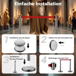 Wiltec mobile Absperrpfosten 32 x 7 x 90 cm in Silberfarben, rotes 200 cm Zugband, Absperrständer aus rostfreiem Stahl, Personenleitsystem für Veranstaltungen