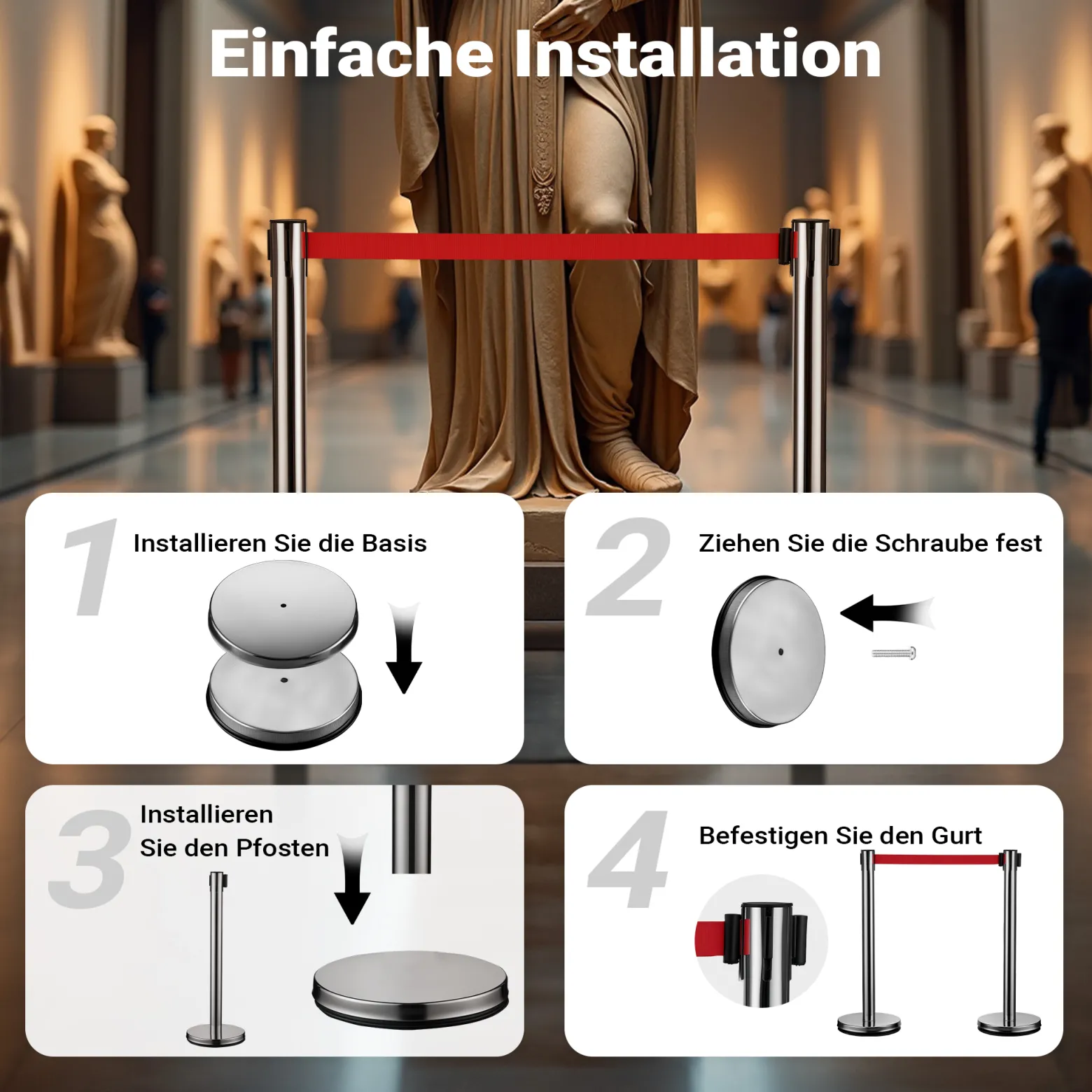 Wiltec mobile Absperrpfosten 32 x 7 x 90 cm in Silberfarben, rotes 200 cm Zugband, Absperrständer aus rostfreiem Stahl, Personenleitsystem für Veranstaltungen
