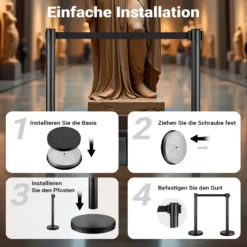 Wiltec mobile Absperrpfosten 32 x 7 x 90 cm in Schwarz mit 200 cm Zugband, Absperrständer aus rostfreiem Stahl, Personenleitsystem für Veranstaltungen