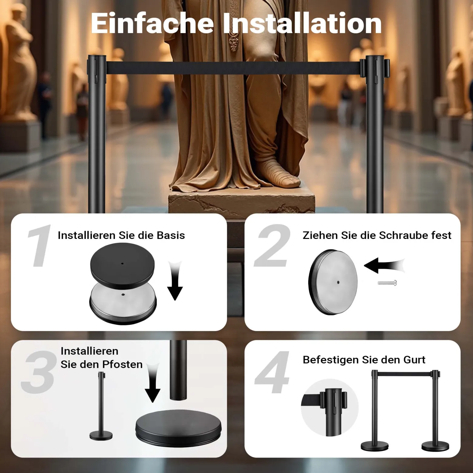 Wiltec mobile Absperrpfosten 32 x 7 x 90 cm in Schwarz mit 200 cm Zugband, Absperrständer aus rostfreiem Stahl, Personenleitsystem für Veranstaltungen