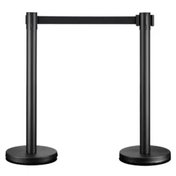Wiltec mobile Absperrpfosten 32 x 7 x 90 cm in Schwarz mit 200 cm Zugband, Absperrständer aus rostfreiem Stahl, Personenleitsystem für Veranstaltungen