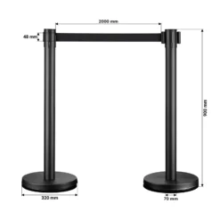 Wiltec mobile Absperrpfosten 32 x 7 x 90 cm in Schwarz mit 200 cm Zugband, Absperrständer aus rostfreiem Stahl, Personenleitsystem für Veranstaltungen
