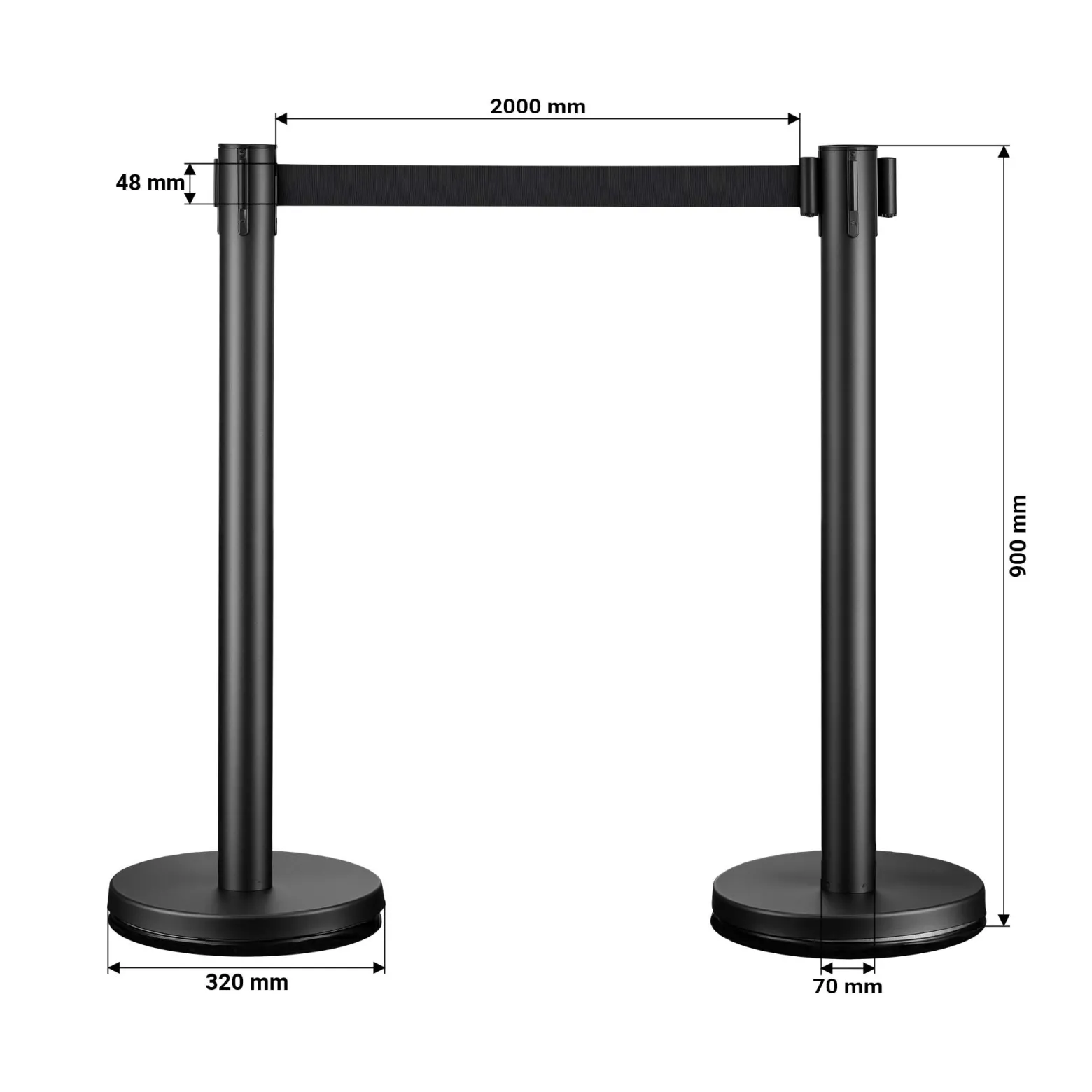 Wiltec mobile Absperrpfosten 32 x 7 x 90 cm in Schwarz mit 200 cm Zugband, Absperrständer aus rostfreiem Stahl, Personenleitsystem für Veranstaltungen