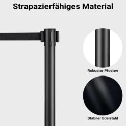 Wiltec mobile Absperrpfosten 32 x 7 x 90 cm in Schwarz mit 200 cm Zugband, Absperrständer aus rostfreiem Stahl, Personenleitsystem für Veranstaltungen