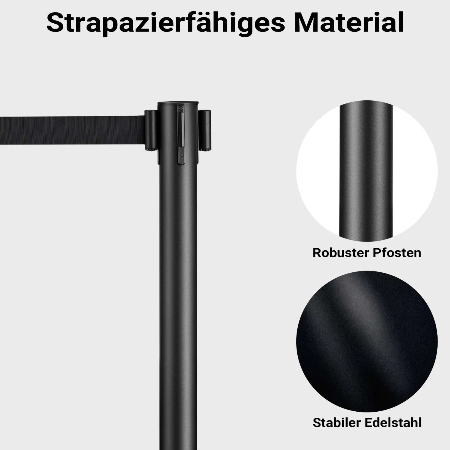 Wiltec mobile Absperrpfosten 32 x 7 x 90 cm in Schwarz mit 200 cm Zugband, Absperrständer aus rostfreiem Stahl, Personenleitsystem für Veranstaltungen
