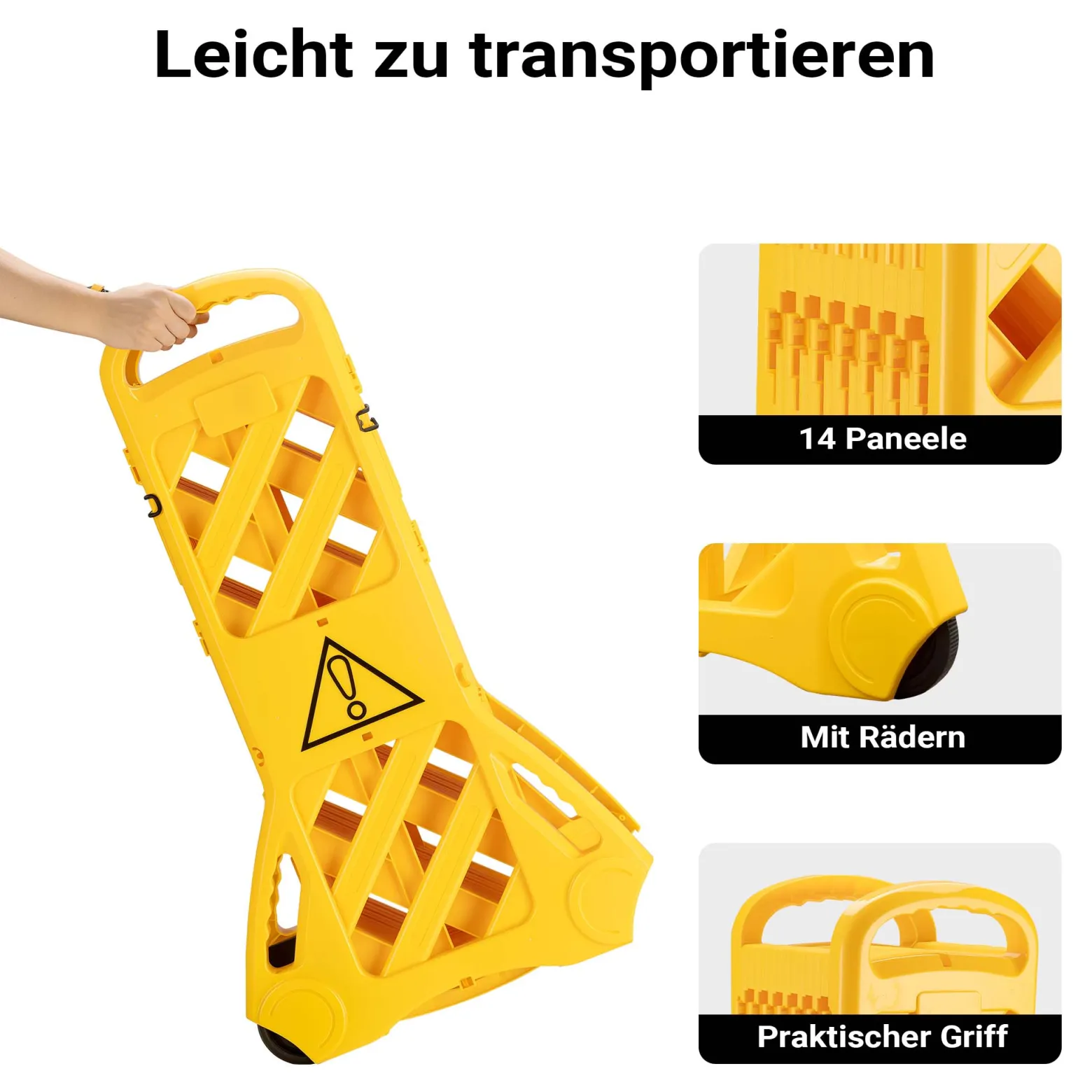 Wiltec mobile Absperrung aus Kunststoff faltbar 60 x 32 x 101 cm, Mobilzaun ausziehbar bis 3,9 m mit Rollen, Absperrzaun aus robustem Material