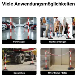 Wiltec mobile Parkplatz Absperrung 80 x 28 x 28 cm, Sperrpfosten mit 1,4 m langer Kette, rot-weiße Absperrpfosten, Poller für Parkplatz sperren