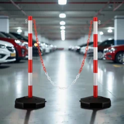 Wiltec mobile Parkplatz Absperrung 80 x 28 x 28 cm, Sperrpfosten mit 1,4 m langer Kette, rot-weiße Absperrpfosten, Poller für Parkplatz sperren