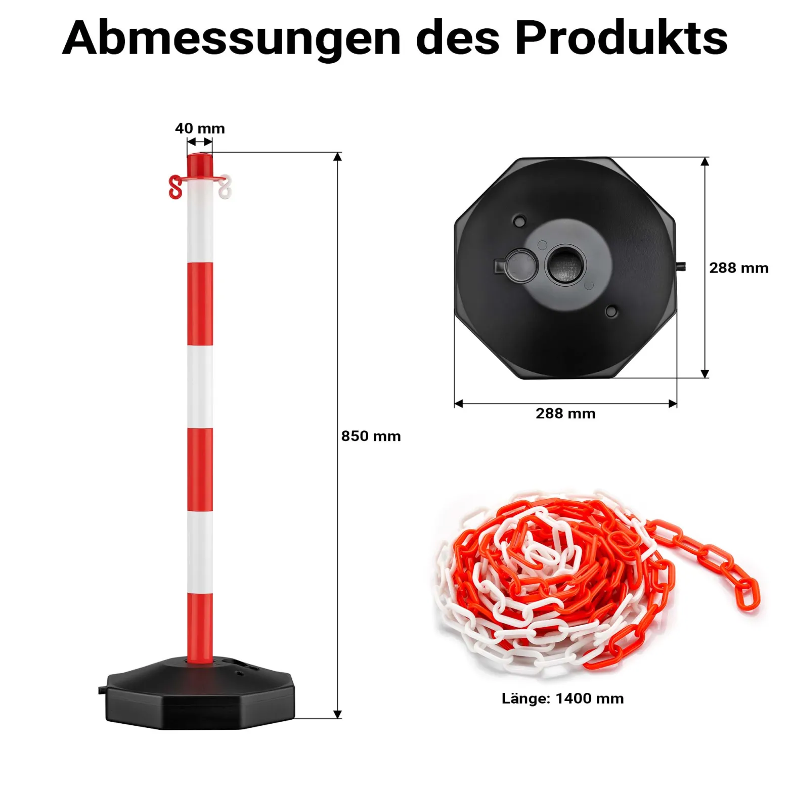 Wiltec mobile Parkplatz Absperrung 80 x 28 x 28 cm, Sperrpfosten mit 1,4 m langer Kette, rot-weiße Absperrpfosten, Poller für Parkplatz sperren