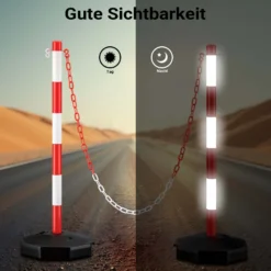 Wiltec mobile Parkplatz Absperrung 80 x 28 x 28 cm, Sperrpfosten mit 1,4 m langer Kette, rot-weiße Absperrpfosten, Poller für Parkplatz sperren