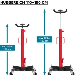 Wiltec Mobiler Getriebeheber hydraulisch 500 kg 110-190 cm Hubhöhe, mit 4 Laufrollen, Aufnahmekralle, Pedal, hydraulischer Motorheber für Kfz und Lkw