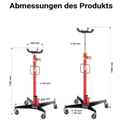 Wiltec Mobiler Getriebeheber hydraulisch 500 kg 110-195 cm Hubhöhe, mit 4 Stahlrollen, Aufnahmekralle, Pedal, hydraulischer Motorheber für Kfz und Lkw