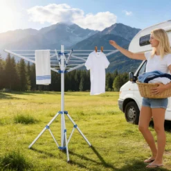 Wiltec Mobile Wäschespinne mit 4 Armen 16 m Wäscheleine Wäscheständer Alu Höhe 155cm Wohnwagen Camping Klappbar Wohnmobil Reise