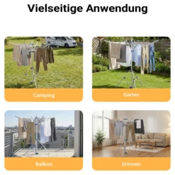 Wiltec Mobile Wäschespinne mit 4 Armen 16 m Wäscheleine Wäscheständer Alu Höhe 155cm Wohnwagen Camping Klappbar Wohnmobil Reise