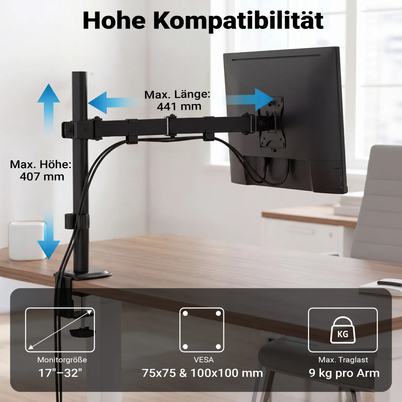 Wiltec Monitorhalterung bis 32 Zoll Bildschirmhalterung bis 9 kg Tischklemme für Monitor VESA 75/100